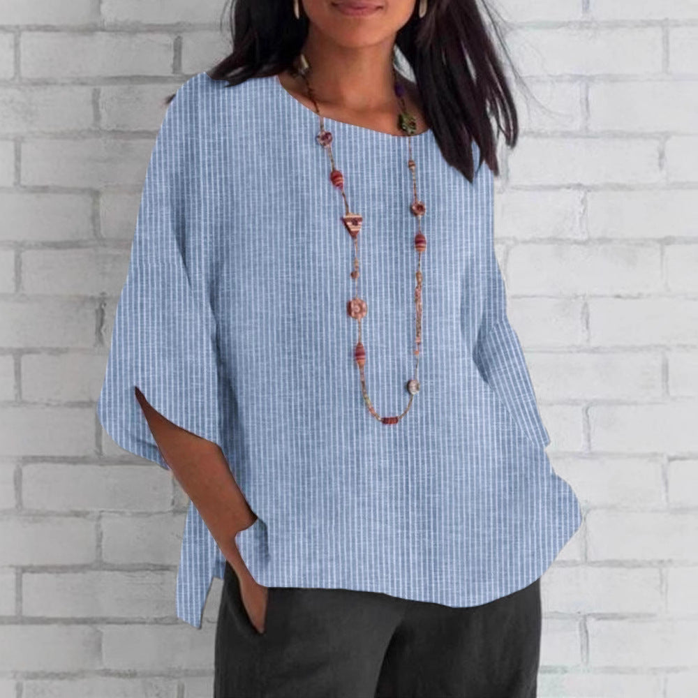 Round-neck Cotton-linen Solid-color Loose Top