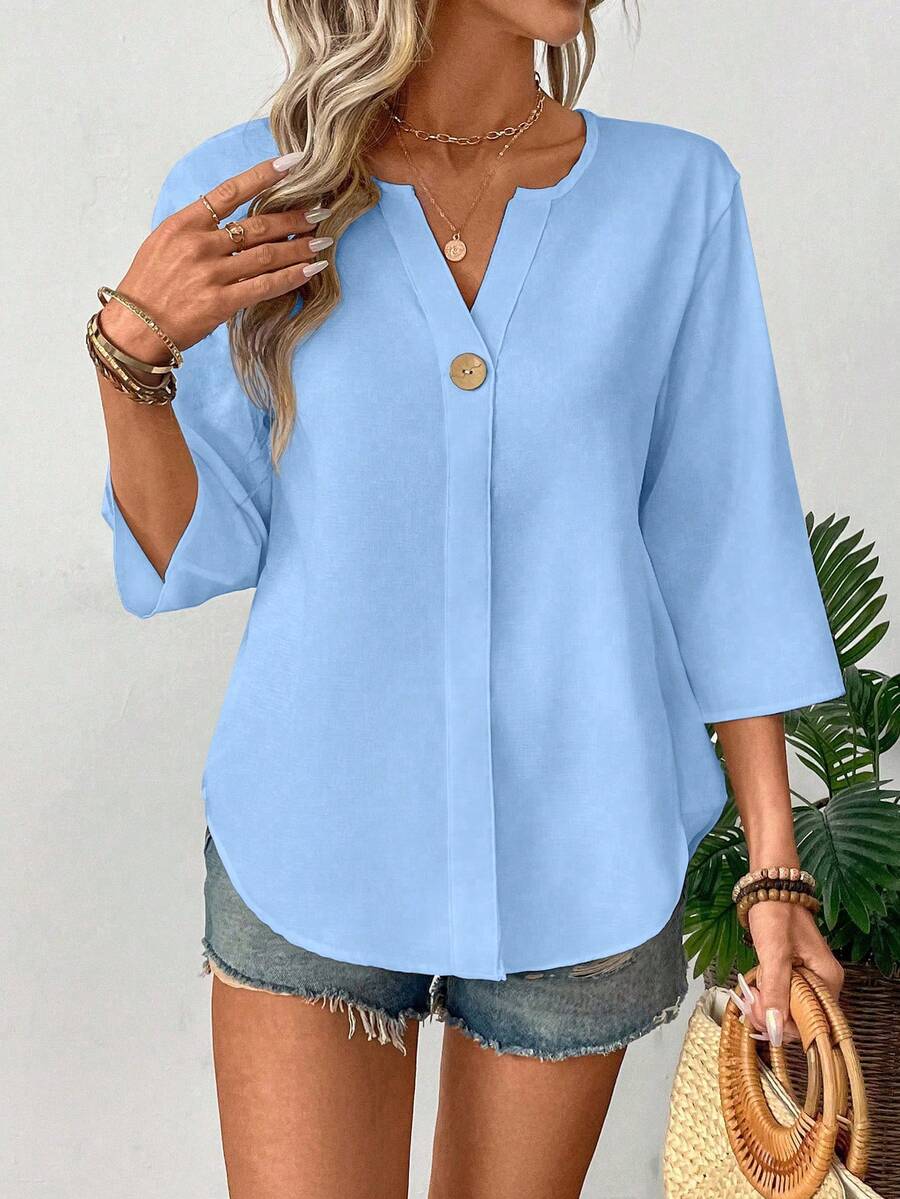 Loose-fitting Solid-color Casual Shirt With A Small V-neck And Buttons