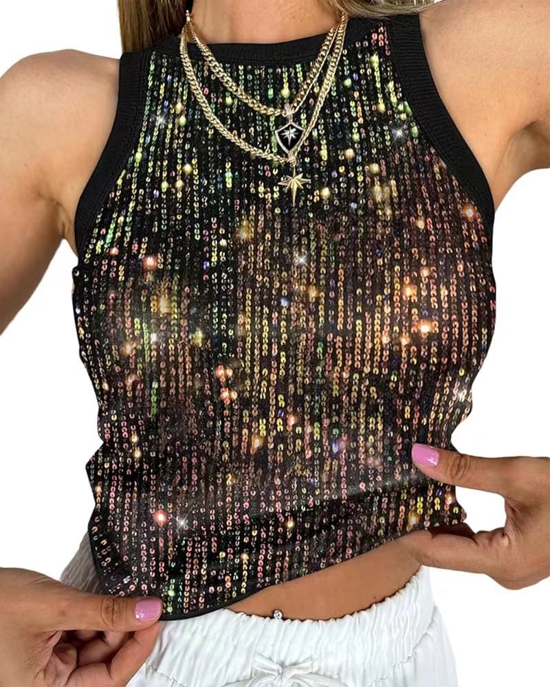 Cropped Sleeveless Sequin Leopard Print Vest