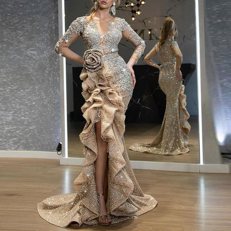 New Gold Sprinkle Trailing Party Dress For Ladies
