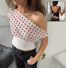Polka Dots Print Oblique Shoulder Tops Summer Patchwork Chiffon Crop Top Women Sleeveless Lace Up Backless Blouse Casual Streetwear Tee