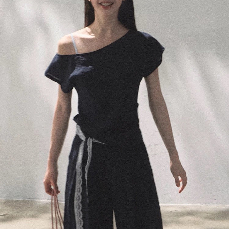 Linen Off-shoulder Short-sleeve Shirt Casual Set