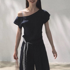 Linen Off-shoulder Short-sleeve Shirt Casual Set