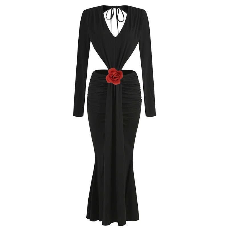 V-neck Backless Long Sleeves Skirt Waist Decorative Flower Split Fishtail Gown Dress Long