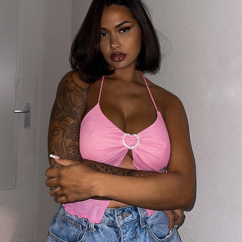Hot Girl's Pink Mesh Stitching Chest-wrapped Halter Vest