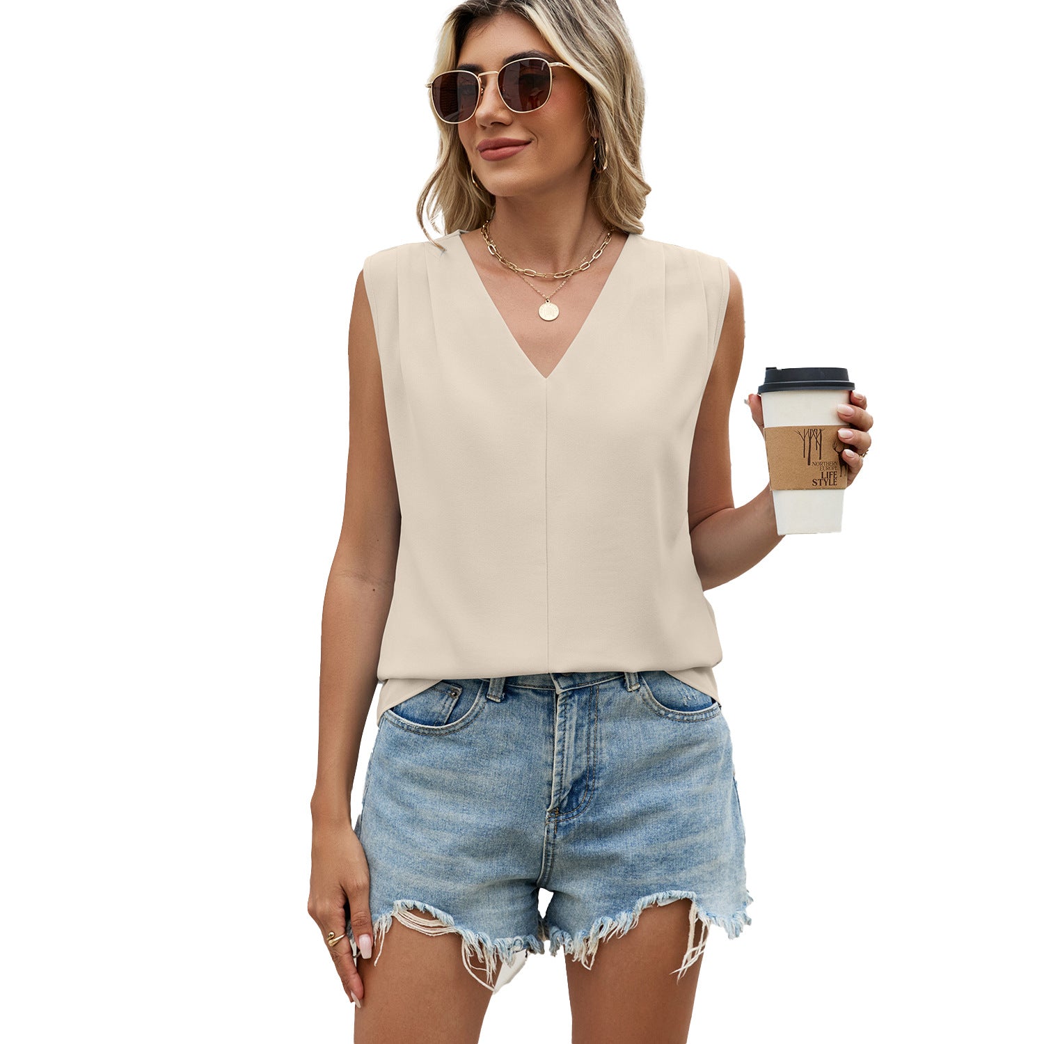 Solid-color Chiffon Blouse Loose-fit V-neck Ruffled Sleeveless Topvest