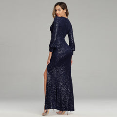 Fantasy Celebrity High Slit Long Sleeve Sequined Banquet Evening Dress Women
