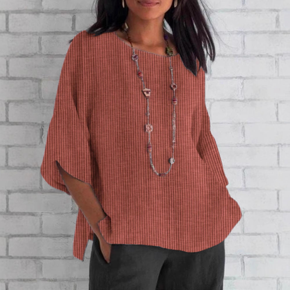 Round-neck Cotton-linen Solid-color Loose Top