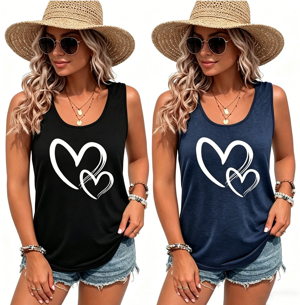 Hearts Print Crew Neck Tank Top, Casual Sleeveless Tank Top For Summer, Women's Clothing