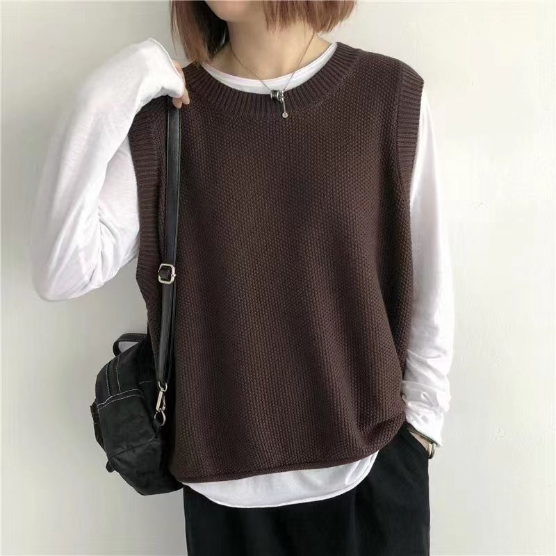 Women Sleeveless Vest Bandage Dress Outer Wear Solid Color Round Neck Vest