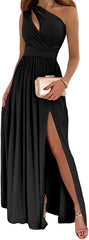 Women's One Shoulder High Split Cutout Sleeveless Elegant Cocktail Maxi Dress
