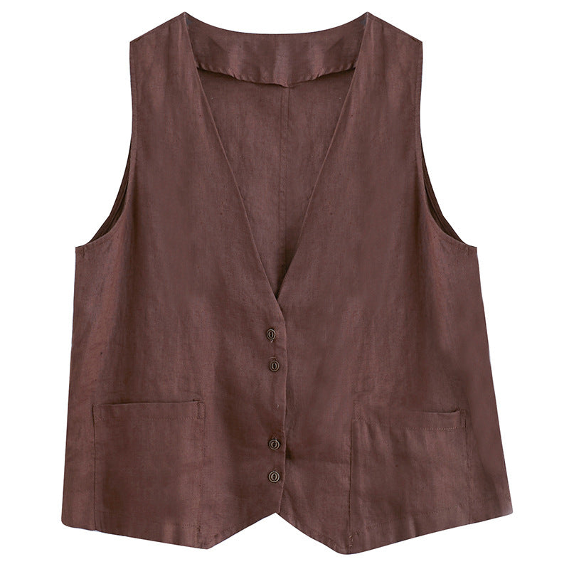 Artistic Relaxed-fit Solid-color Cotton-linen Sleeveless Vest