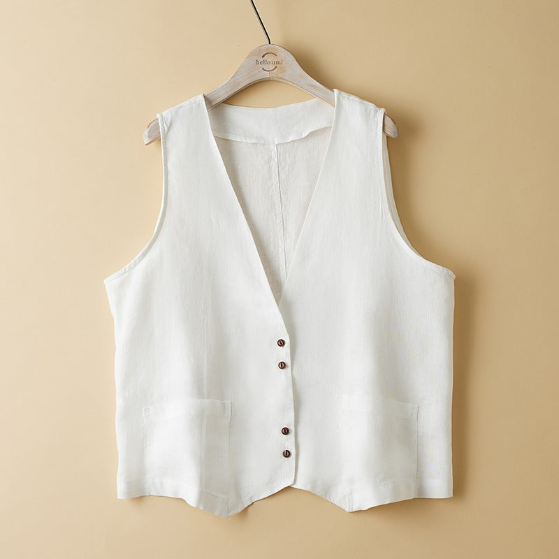Artistic Relaxed-fit Solid-color Cotton-linen Sleeveless Vest