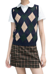 Retro Preppy Style Versatile Diamond-Check BM Knitted Vest