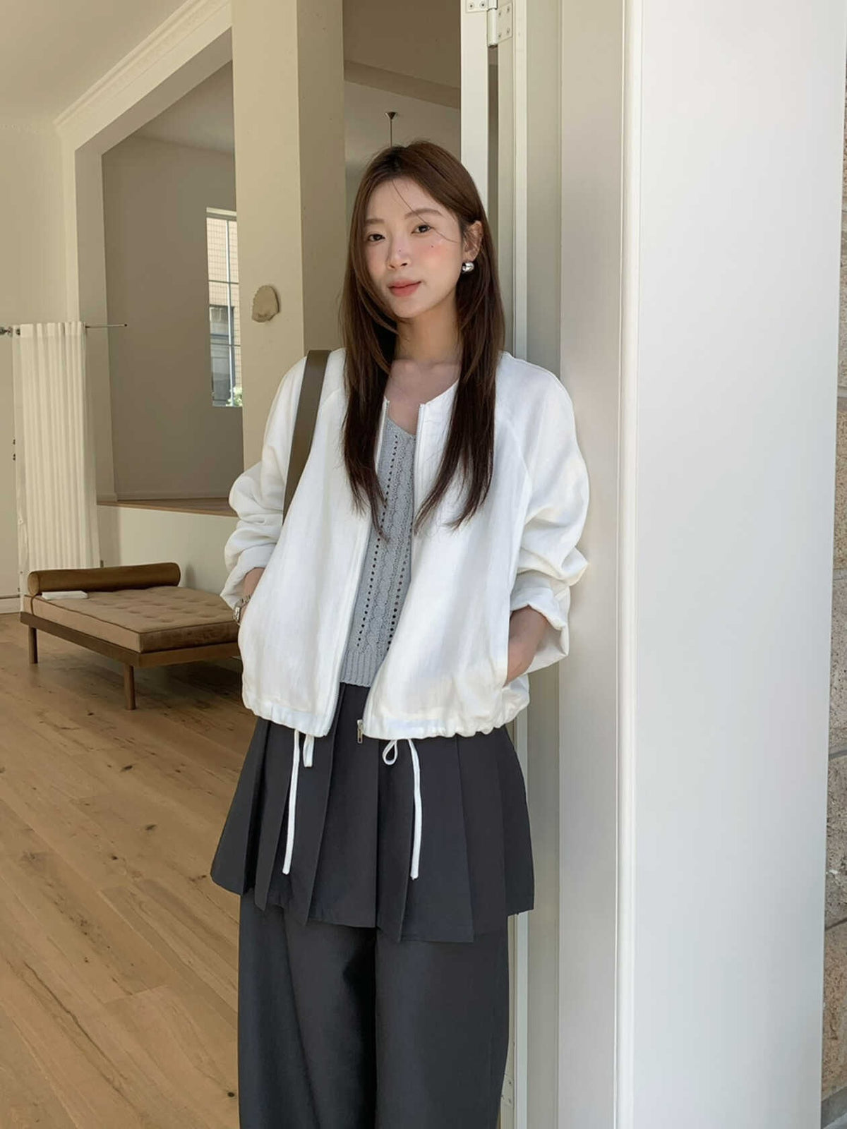 Lyocell Casual All-Match Commuter Round-Neck Zip-Up Short Jacket