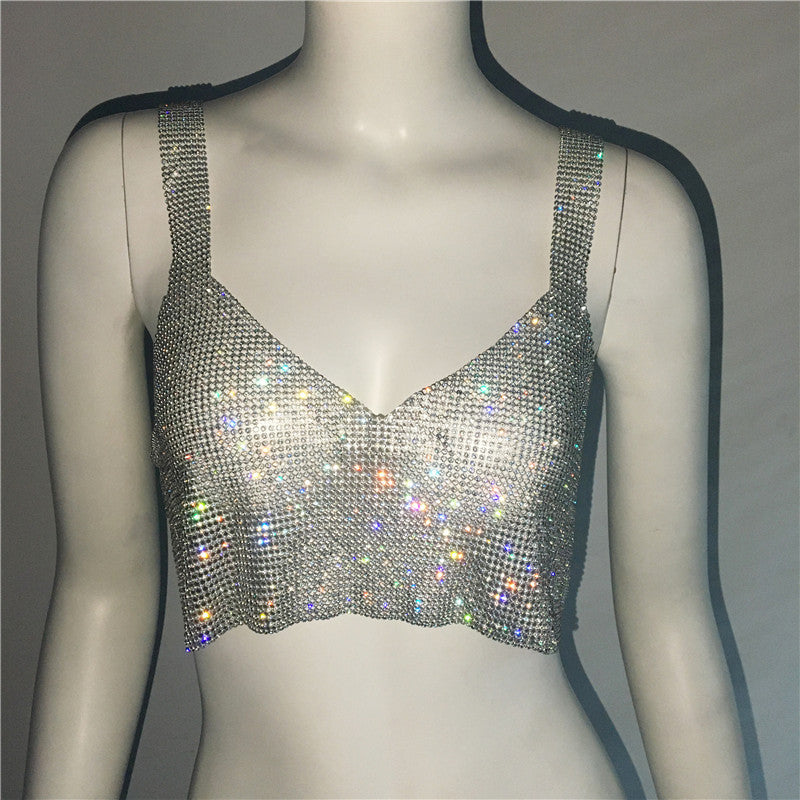 Deep V Rhinestone Metal Camisole Split Short Top