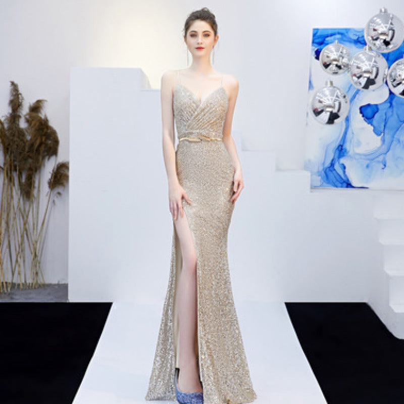 New Banquet Elegant Annual Meeting Long Host Deep V Fishtail Sequined Dress