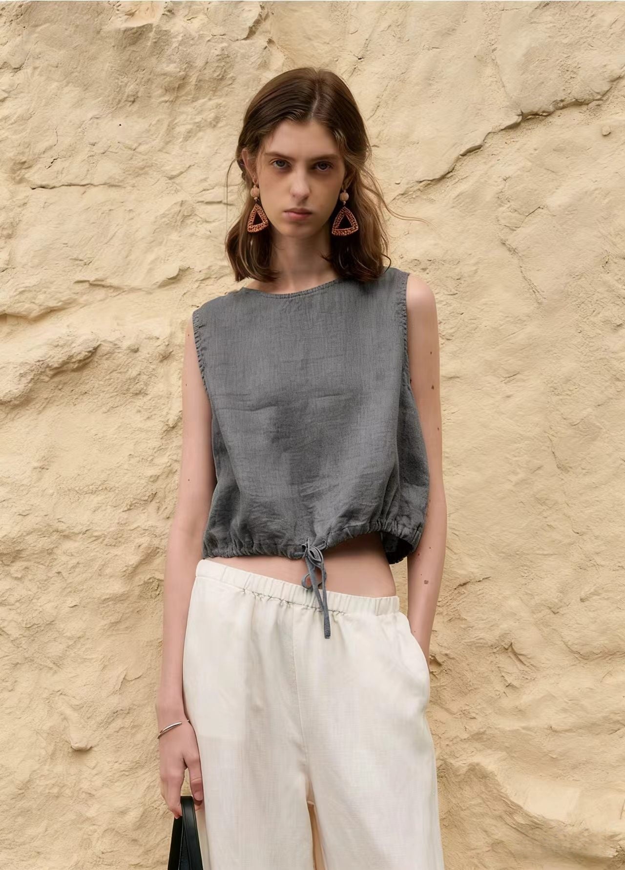 Short Sleeveless Casual Drawstring Womens Top