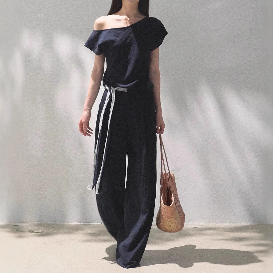 Linen Off-shoulder Short-sleeve Shirt Casual Set