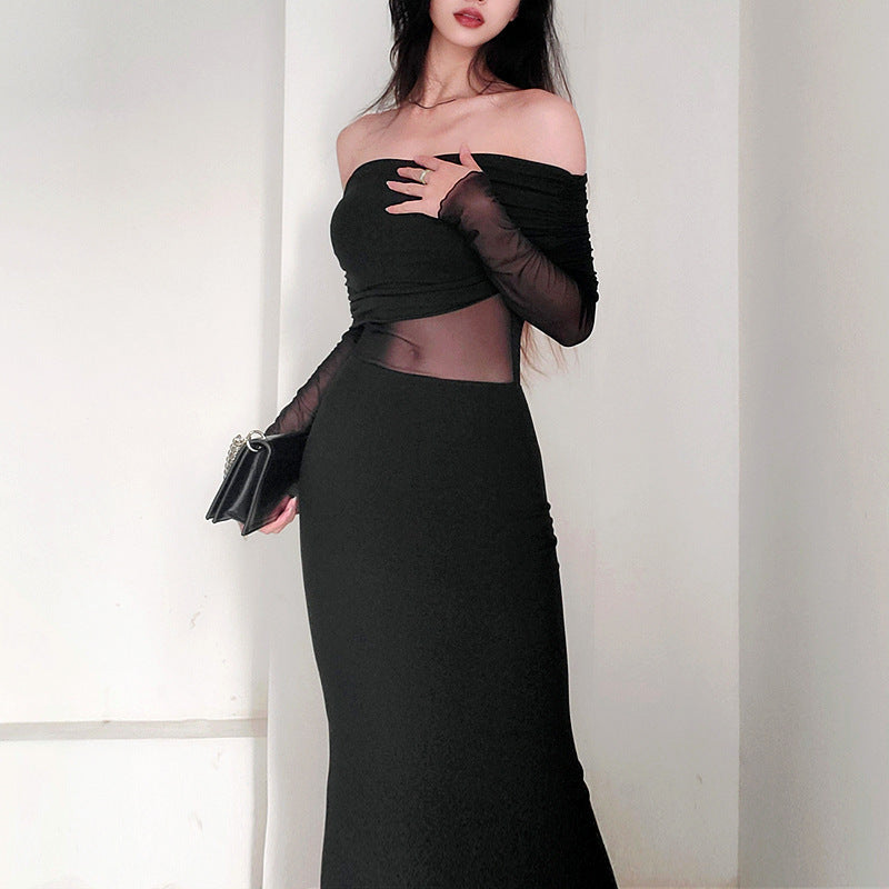 Women's Winter Off-the-shoulder Pleated Long Sleeve Polyester Dress