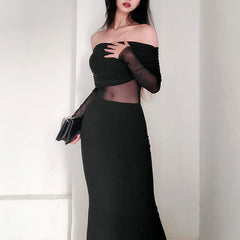 Women's Winter Off-the-shoulder Pleated Long Sleeve Polyester Dress