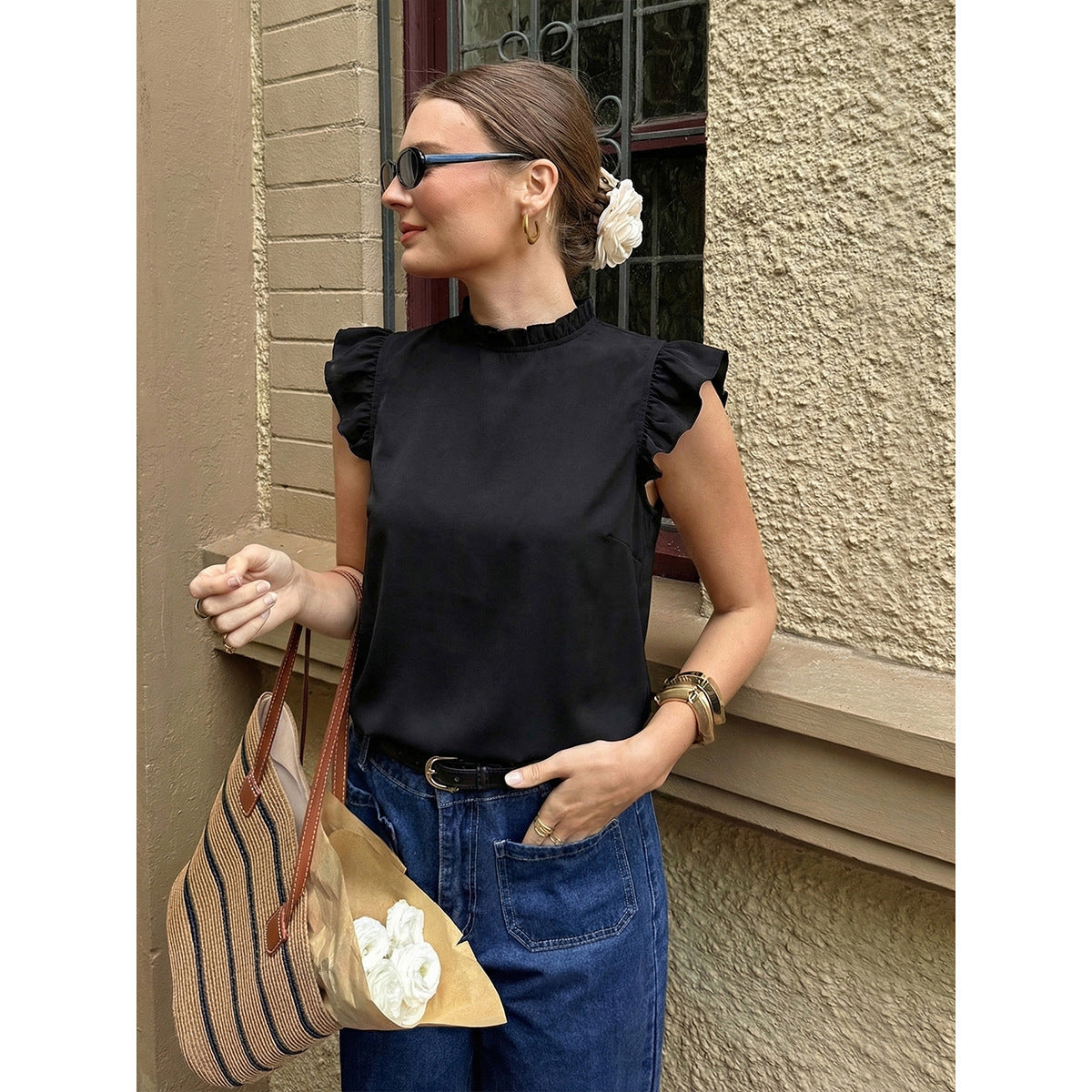 Women's French-style Ruffle-trimmed Stand Collar Flounce-sleeveless Top