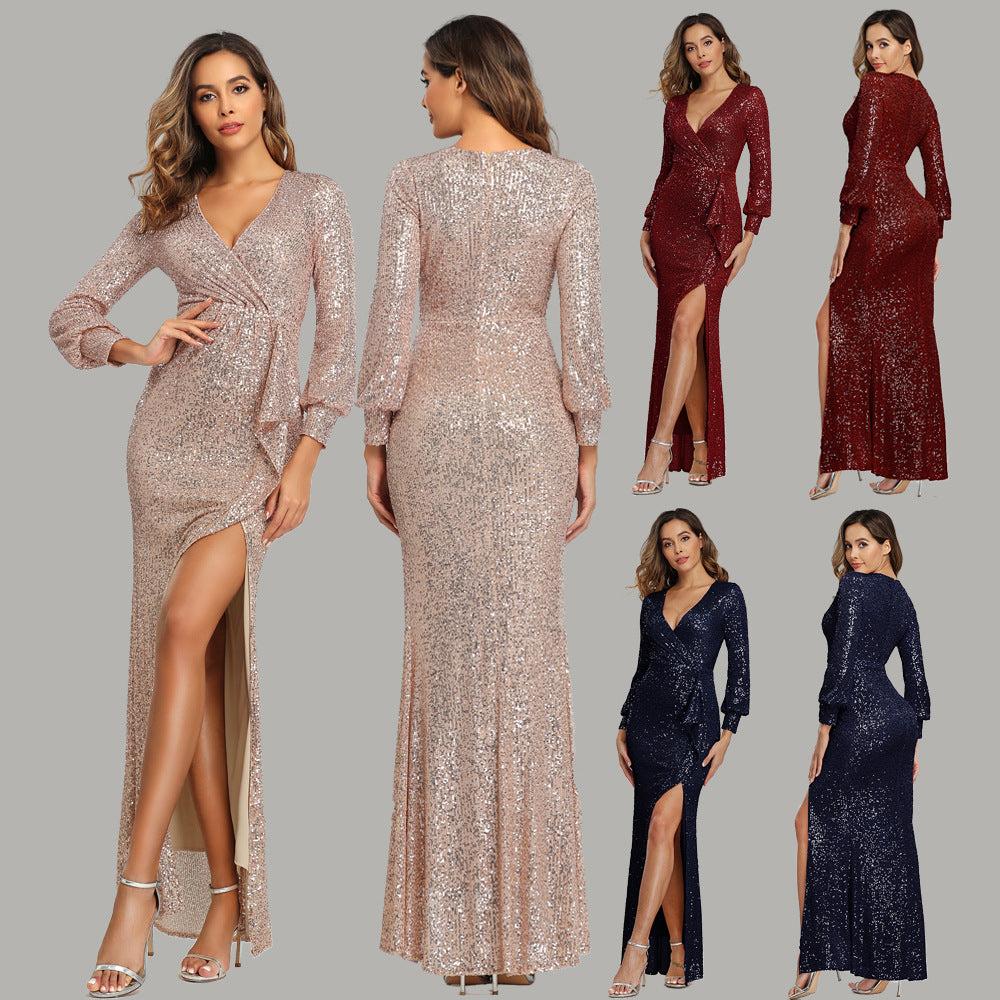Fantasy Celebrity High Slit Long Sleeve Sequined Banquet Evening Dress Women
