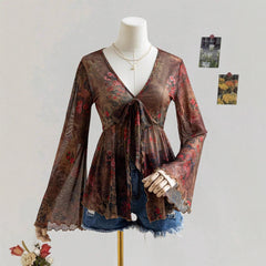 Women's Ruffled Vintage Print Long-sleeve Top