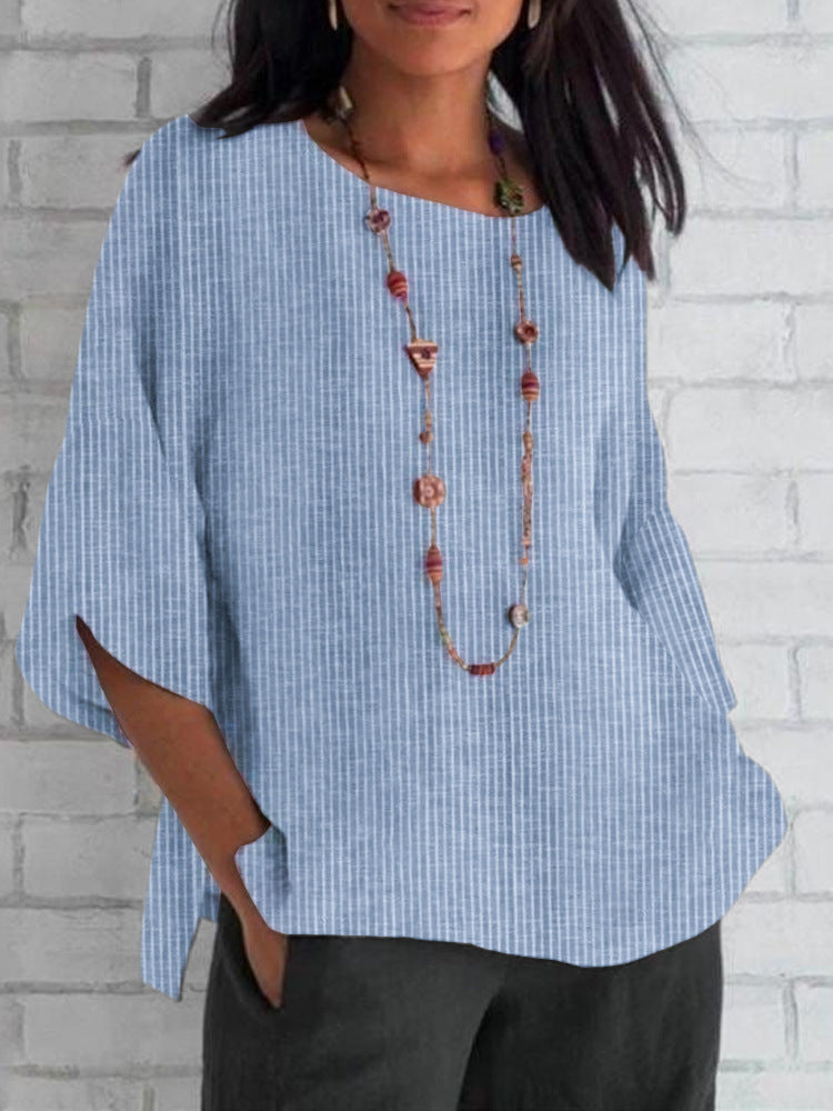 Round-neck Cotton-linen Solid-color Loose Top