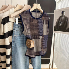 Sleeveless Vest For Women Early Spring Retro Color-block Knit
