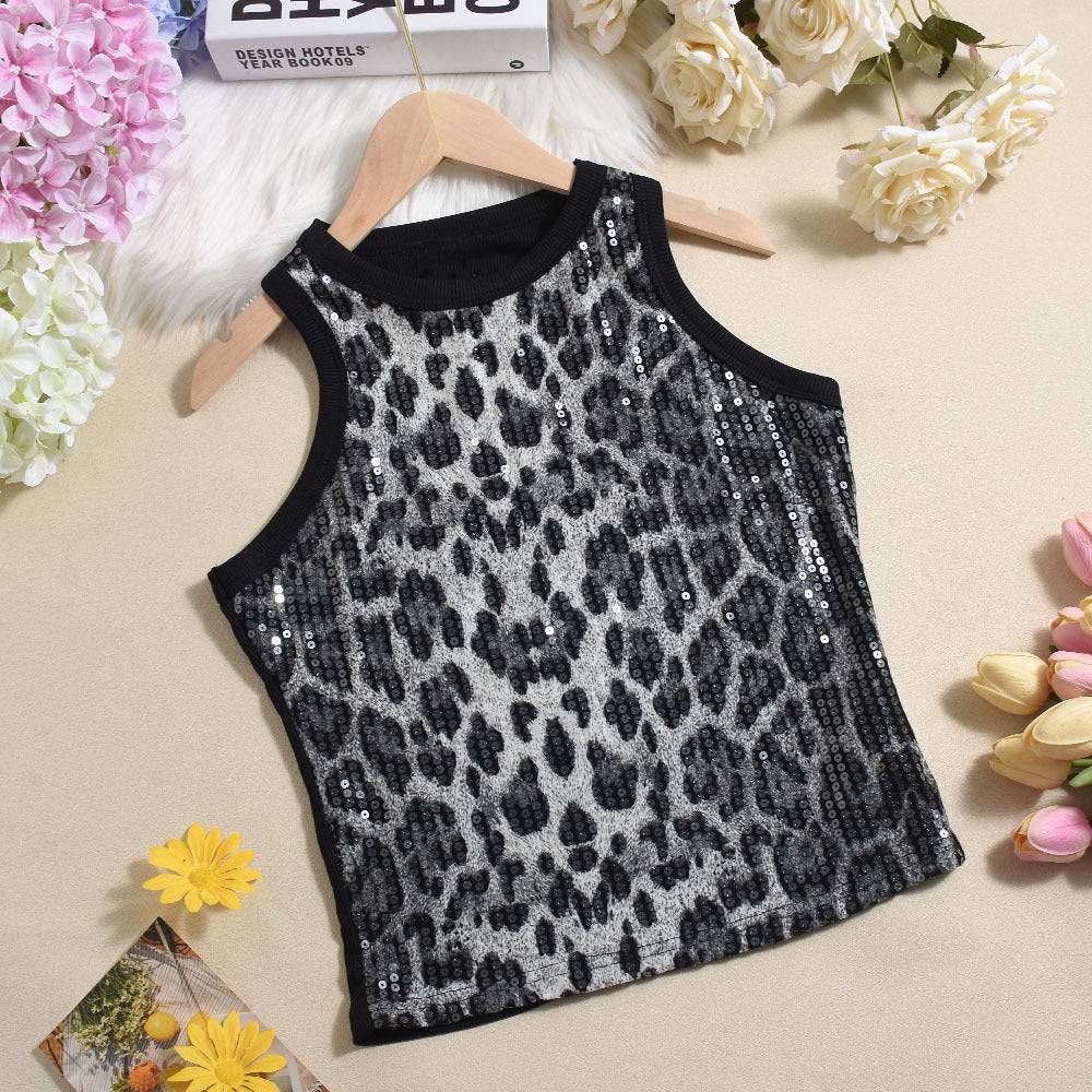 Cropped Sleeveless Sequin Leopard Print Vest
