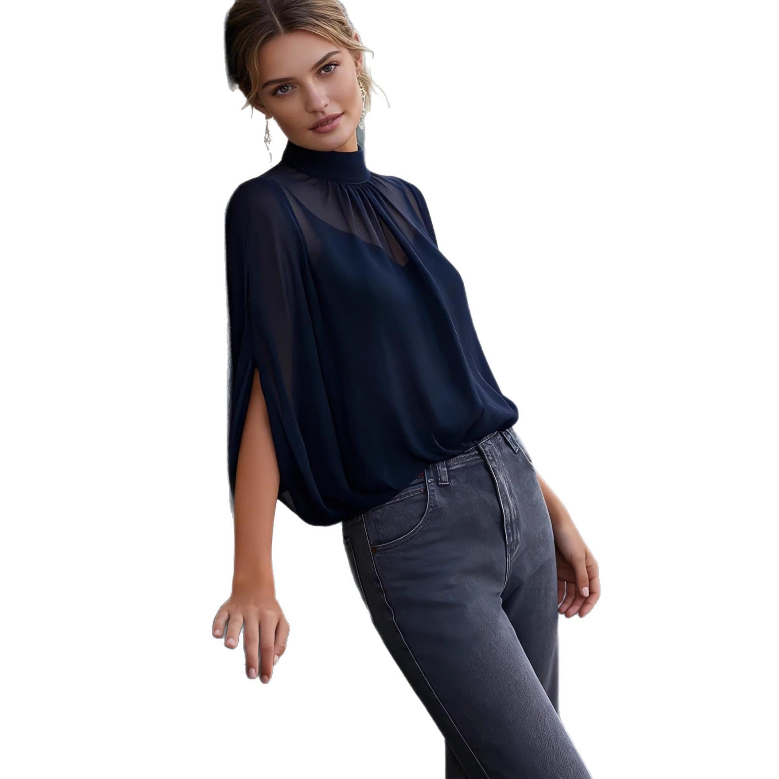 Fashionable Chic Sheer Fabric With Batwing Sleeves And A Slit
