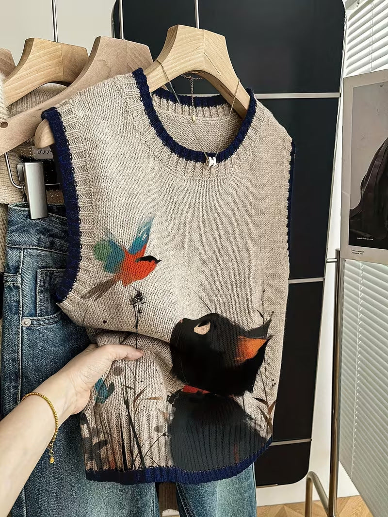 Sleeveless Vest For Women Early Spring Retro Color-block Knit