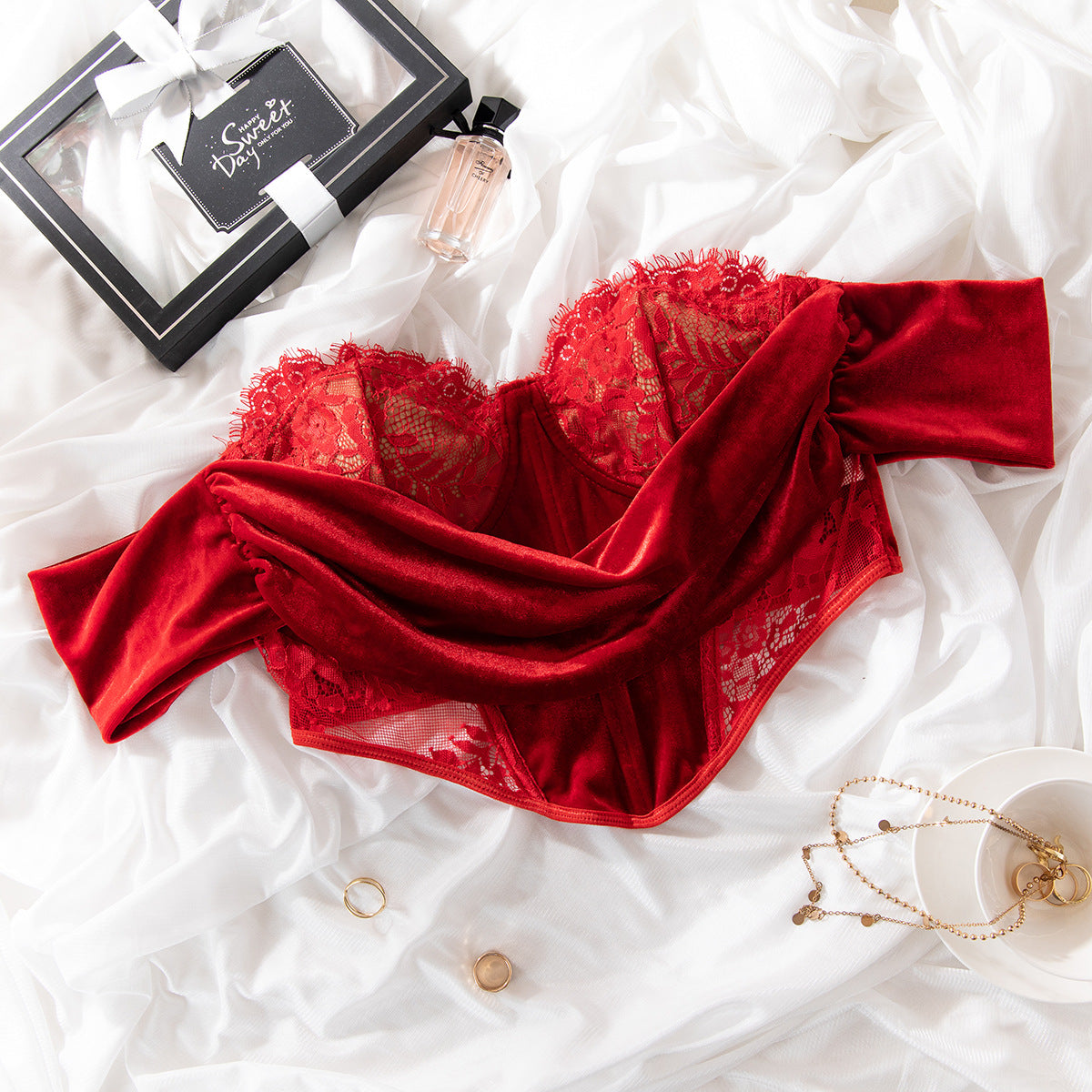 Velvet Stitching Flower Lace Slim Off-the-shoulder Top