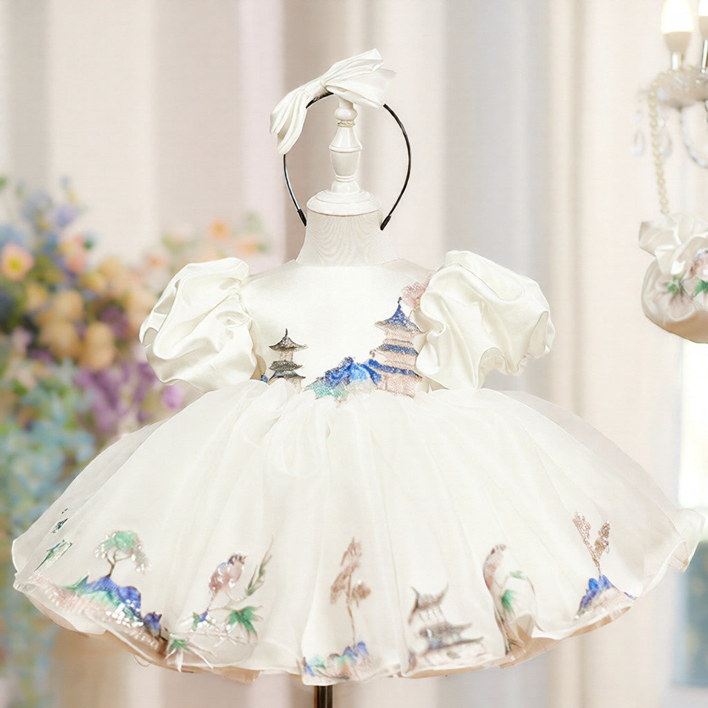 Childrens White Puff-sleeved Satin Ball Gown