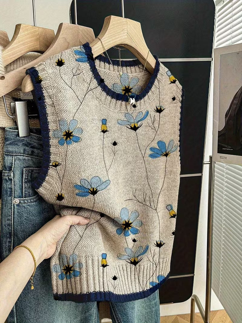 Sleeveless Vest For Women Early Spring Retro Color-block Knit