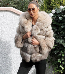Women's Minimalist Hooded Patchwork Fur Grass Jacket