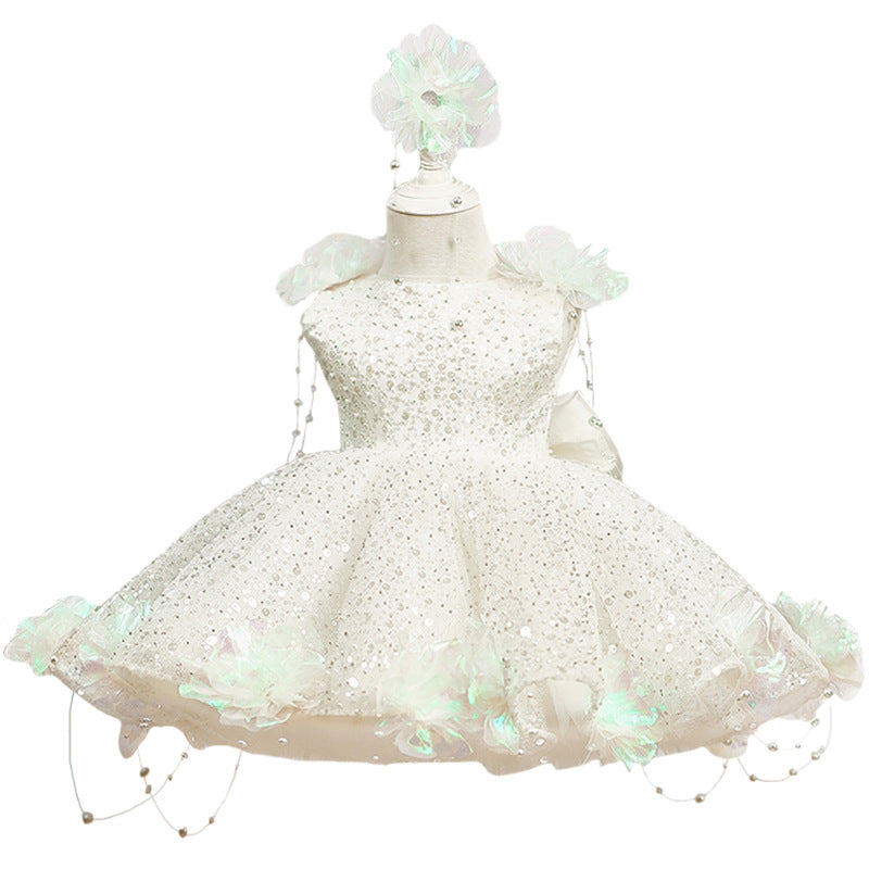 Sequin Pearl Flower Girl Princess Dress Gala Gown