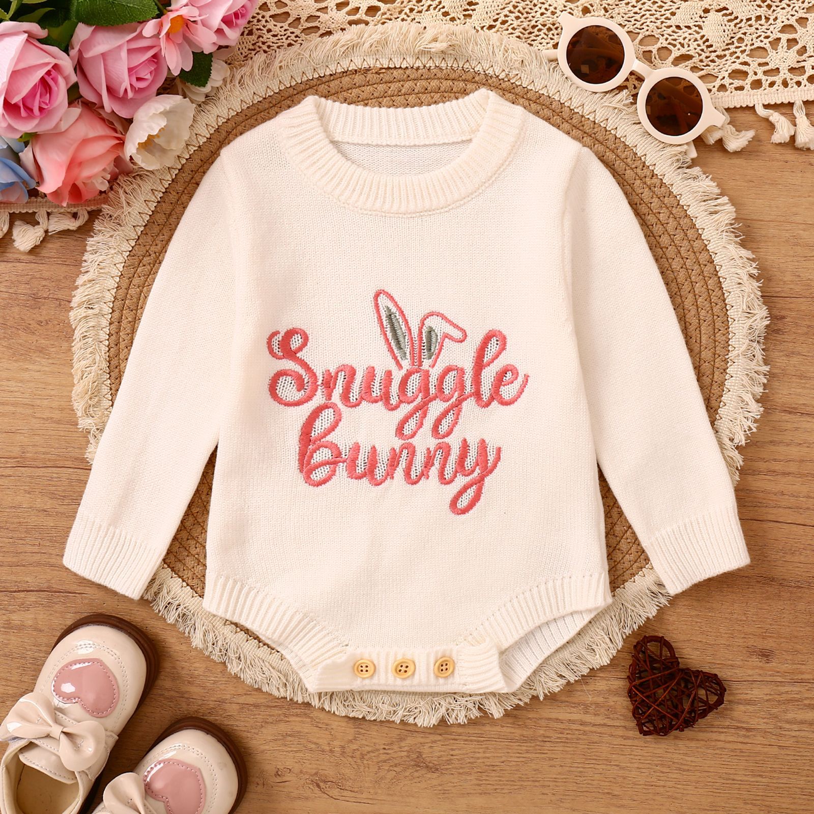 Children's Romper Easter Rabbit Ear Letter Embroidery Round Neck Long Sleeve Sweater