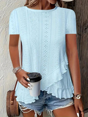 2026 European And American Amazon Summer New Women's Fashion Plus-Size Asymmetrical Ruffled Hem Short-Sleeve Top