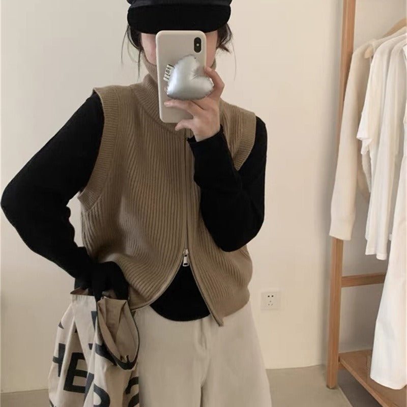 Simple Turtleneck Double Zipper Knitted Cardigan Vest