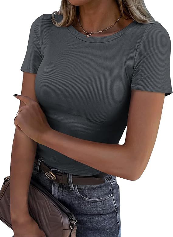 New Womens Long-Sleeve Stretch Crewneck Ribbed T-Shirt