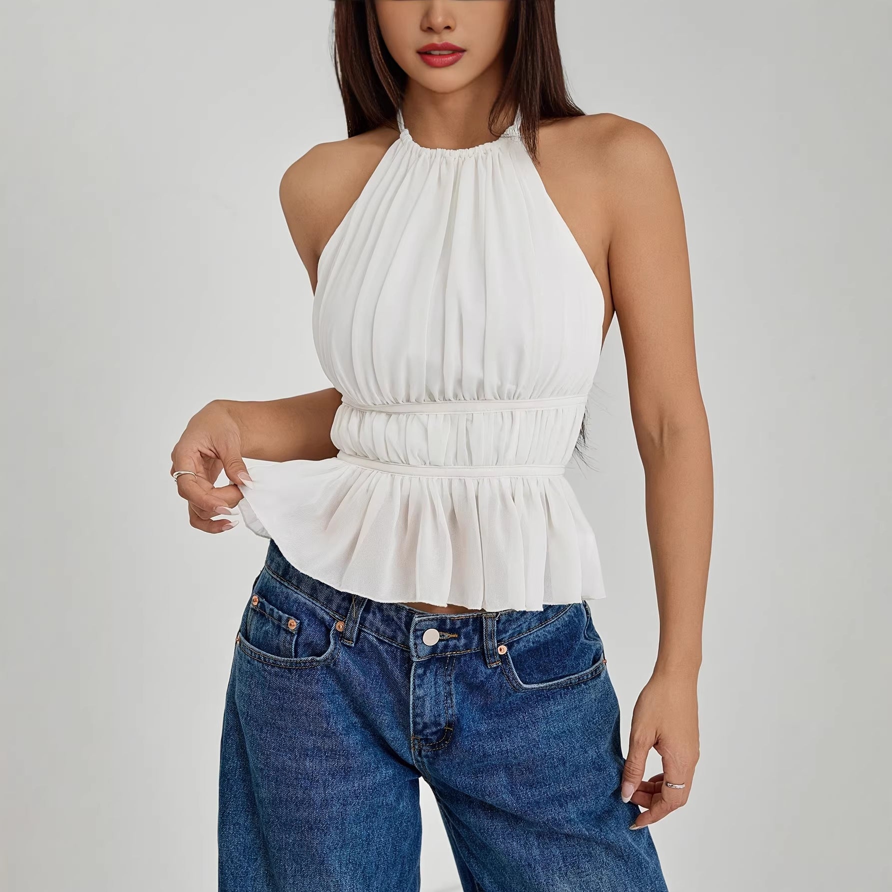 Versatile Off-Shoulder Pleated Waist-Cinching Camisole