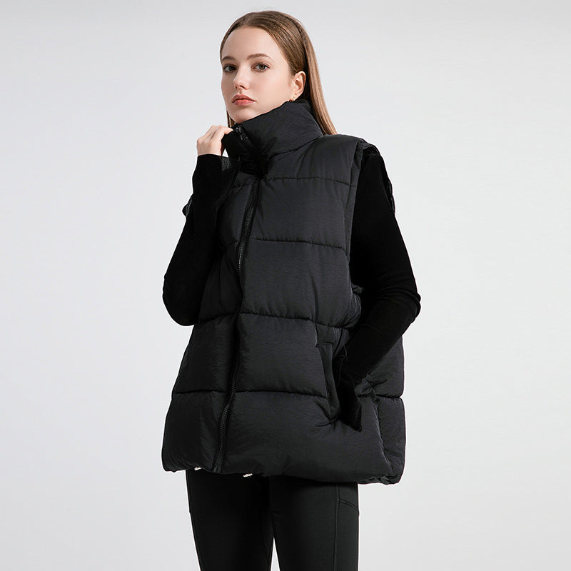 Women's Sleeveless Mid-length Stand-up Collar Thermal Down Cotton Thickened Vest