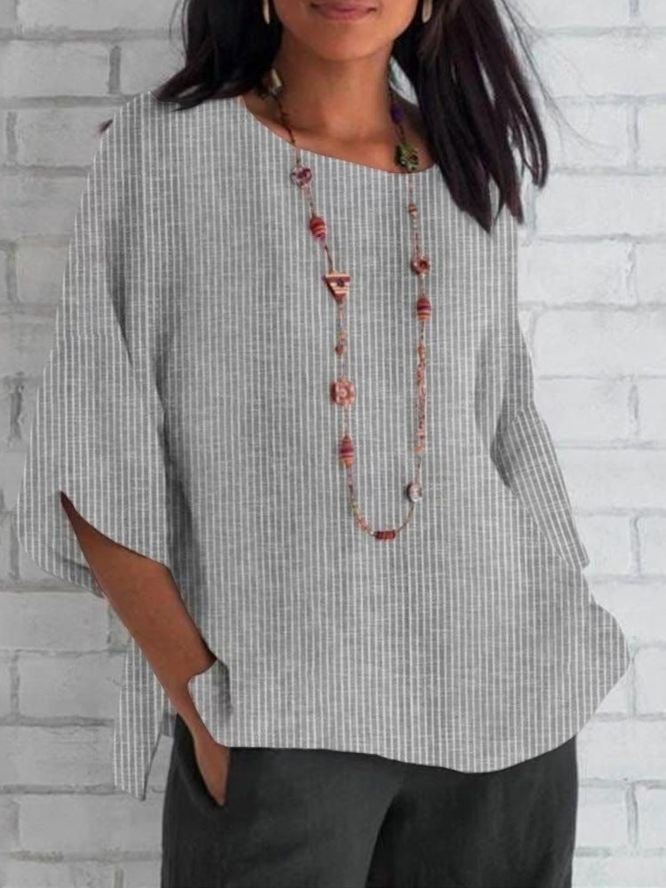 Round-neck Cotton-linen Solid-color Loose Top