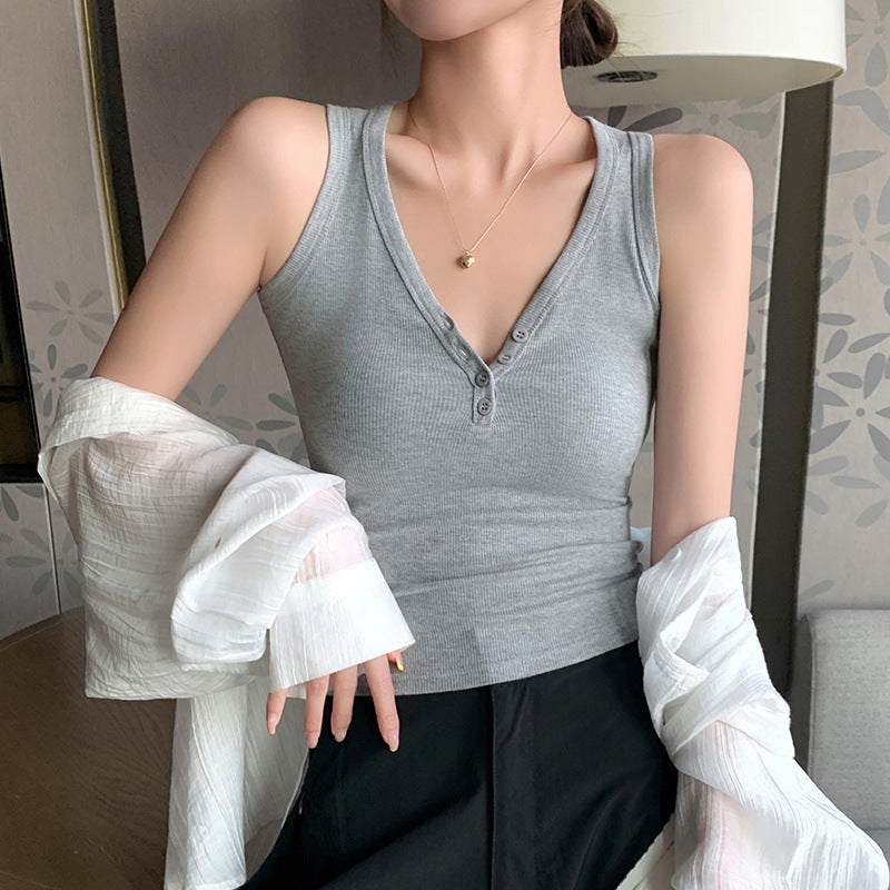 Button V Neck Slip Vest Womens Top