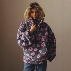 Winter Flowers Lambskin Sweatshirt With Big Pocket Casual Loose Zip-up Lapel Pullover Top Women's Clothing