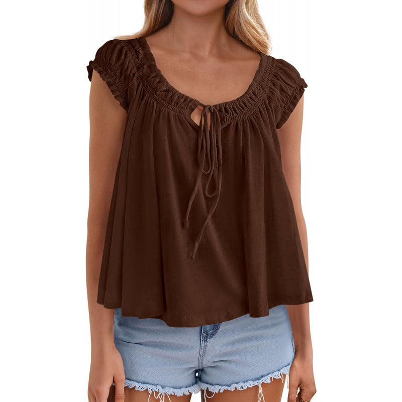 Lace-up Ruffle-Trimmed Shirt Summer New Style Fashionable Pleated Top