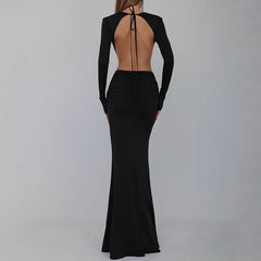 V-neck Backless Long Sleeves Skirt Waist Decorative Flower Split Fishtail Gown Dress Long