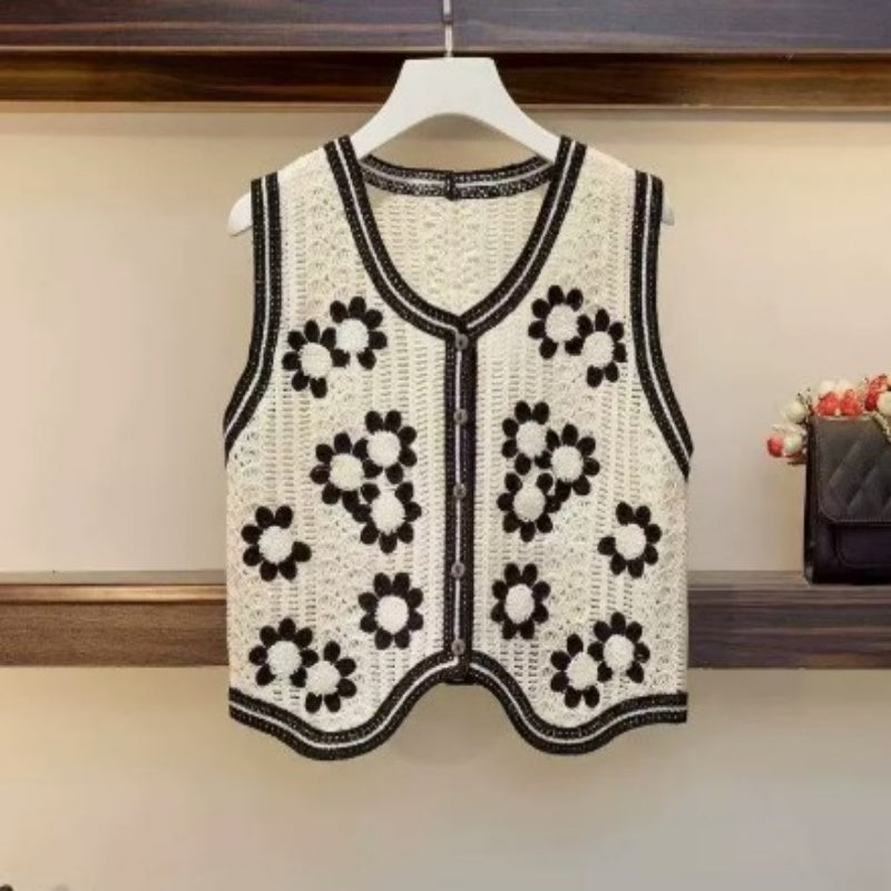 Women's Knitted Embroidered Sleeveless Hollow-Out Top Vest